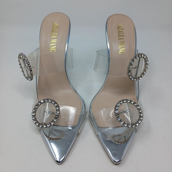 Azalea Wang DARBY Clear Pointed Toe Heels With Rhinestone Buckles Size 8 - Picture 5 of 14